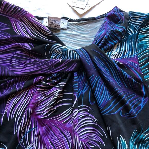 Carmen beautiful multi-color blouse 3/4 sleeve blk/purp/grn twist at neck NWT L - Picture 6 of 7